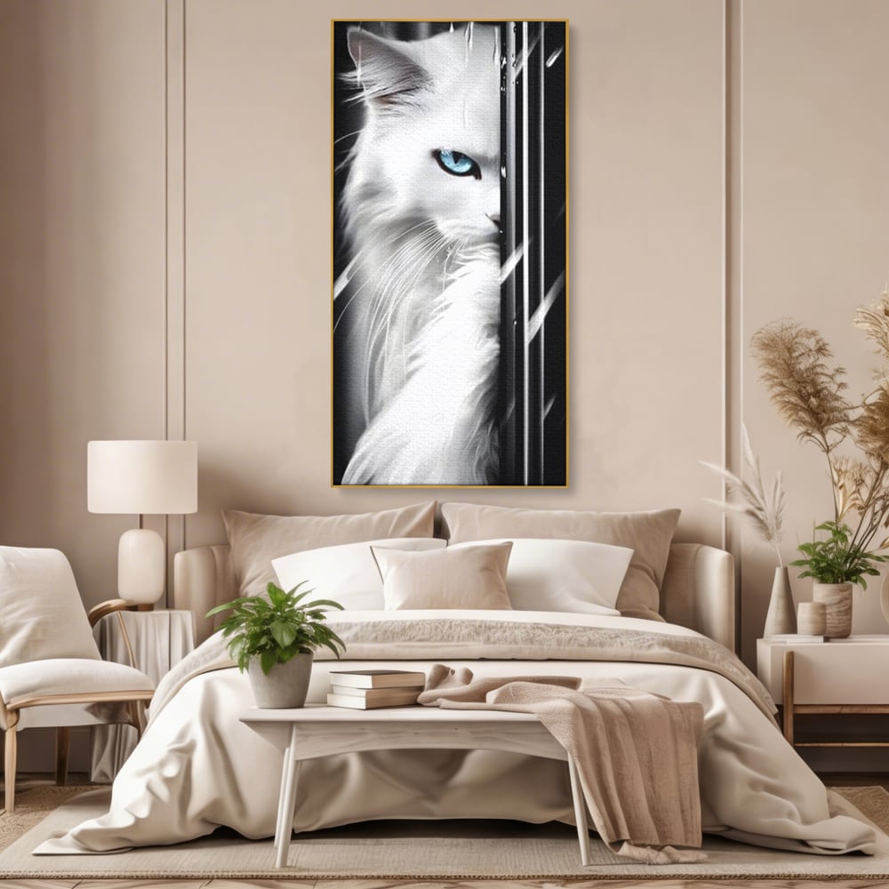 Tablou canvas cu tablou canvas cu pisica alba si ochi albastri, in rama de aluminiu auriu, pe perete intr-un dormitor